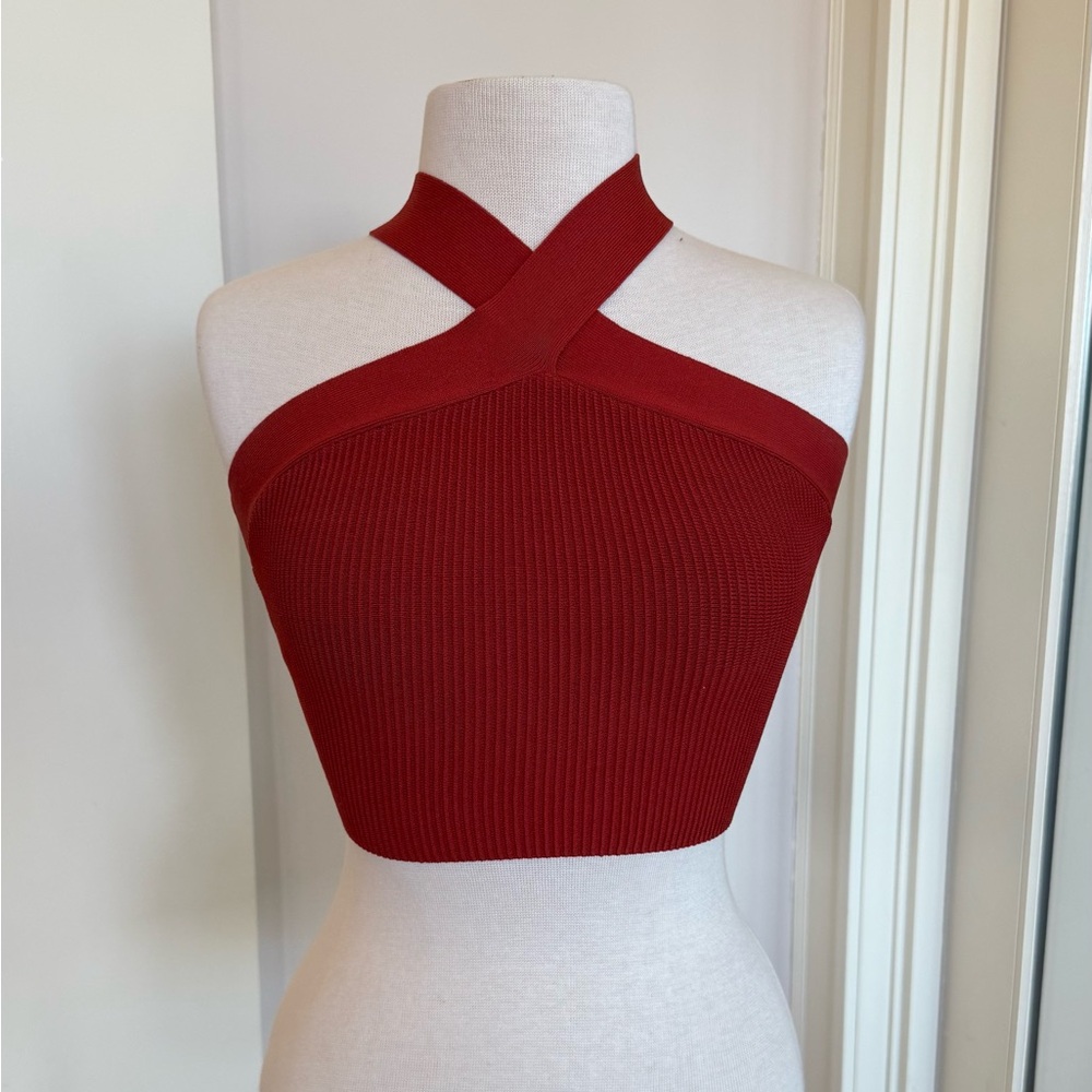 Aritzia Red Ribbed Cross-Neck Crop Top